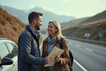 Homme et femme discutant pr&egrave;s d'une voiture de voyage sur une aire